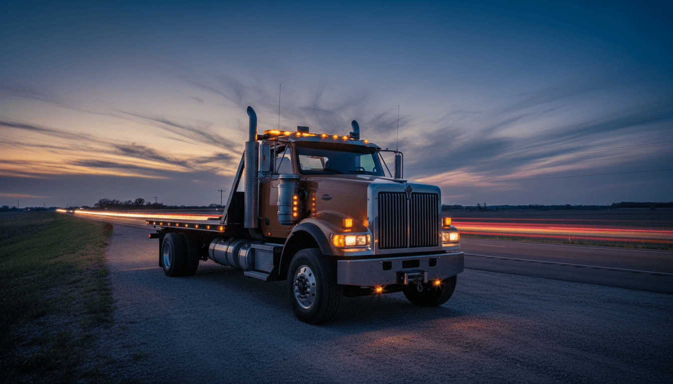 Tow truck ready at dusk on a Midwest highway