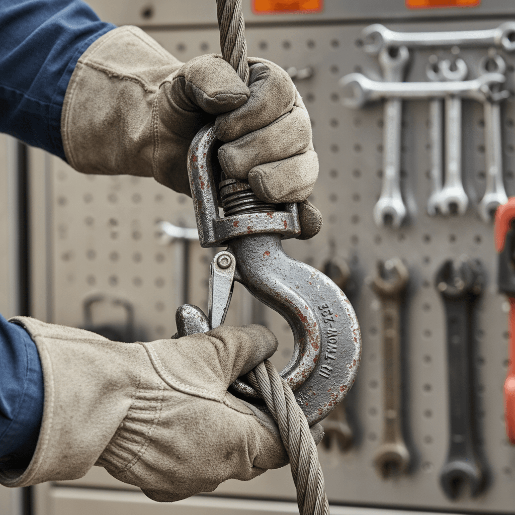 Tow truck winch hook ready for a vehicle pickup