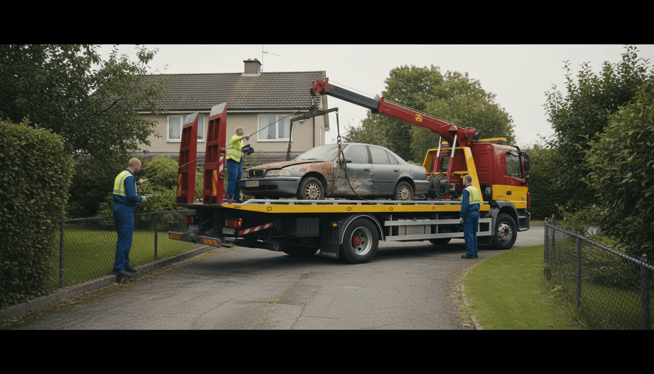 Tow truck loading a junk car onto a flatbed in a residential driveway