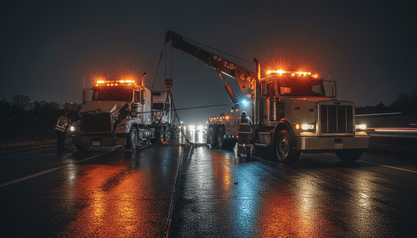 Tow truck driving on highway for long-distance transport